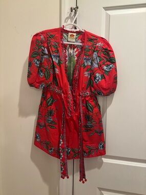 FARM Rio Red Floral Puff-Sleeve Tie-Waist Romper